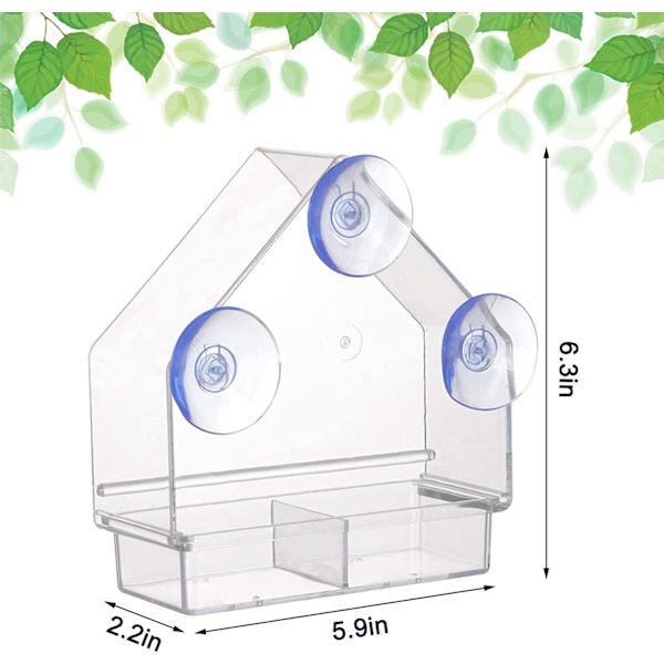 Ikkunoiden lintujen ruokinta-automaatti ulkokäyttöön, jossa on 3 vahvaa imukuppia, akryylinen läpinäkyvä lintujen ruokinta-automaatin liukuva alusta ja tyhjennysreiät, helppo puhdistaa ja täyttää