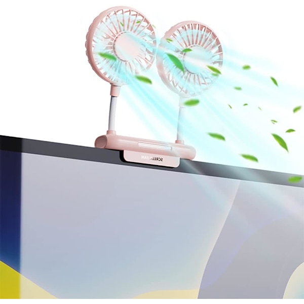 Monitor-ventilator, skrivebordsventilator med 2 ventilatorhoveder, 3 hastigheder 360° roterbar kontorbordsventilator USB-drevet køleventilator med robust justerbar klemme, stærk vind Pink