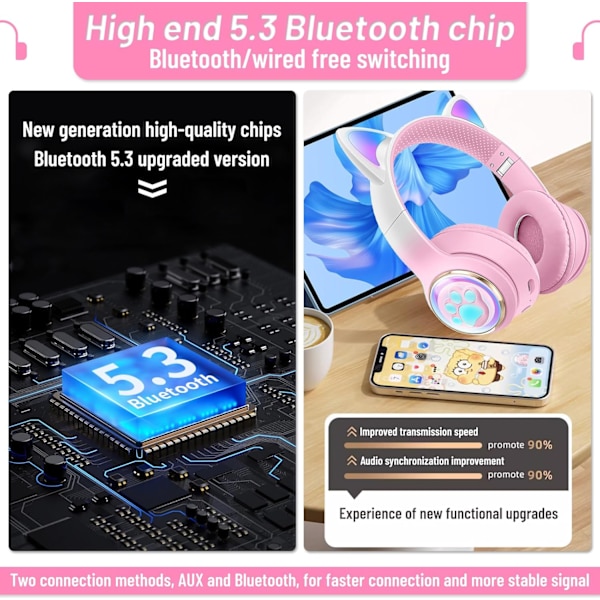 Bluetooth-hodetelefoner for barn, søte ørekatteører LED-lys opp sammenleggbare hodetelefoner Stereo Over Ear med mikrofon/TF-kort Trådløse hodetelefoner for iPhon Soft Pink