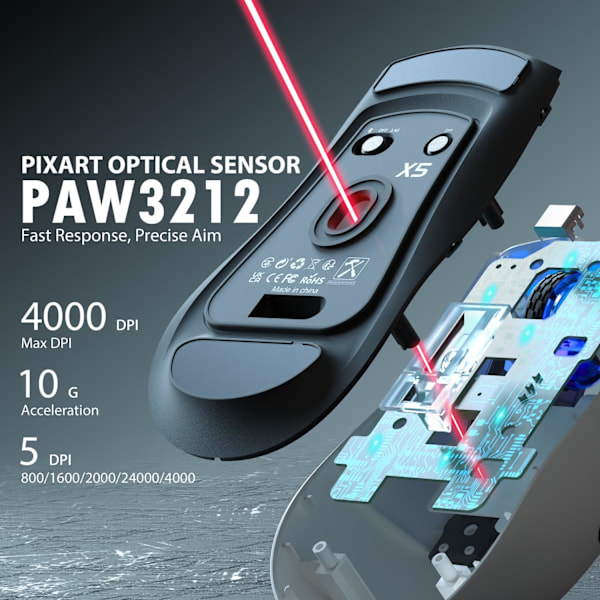 Trådlös Spelmus med Tri-lägen BT 5.1/2.4Ghz/USB-C, Lätt 49g, PAW3212 Optisk Sensor, Uppladdningsbart Batteri, RGB LED Bikake Mus Black White