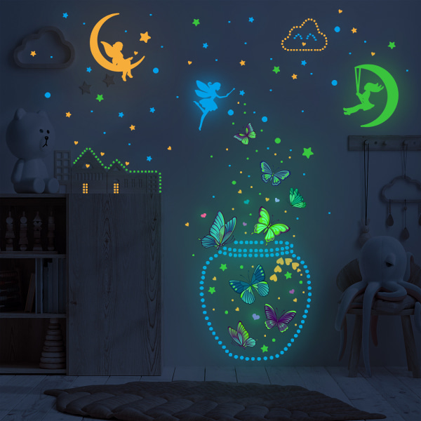 Pimeässä hohtava keiju seinätarrat, tähdet ja kuu hehkuvat kirkkaat värikkäät seinätarrat PVC-tarrat pojille tytöille makuuhuoneen lastenhuone