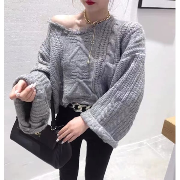 Kvinnors Casual Tassel Bell Långärmad Lös Kabel Stickad Pullover Tröja Jumper Toppar