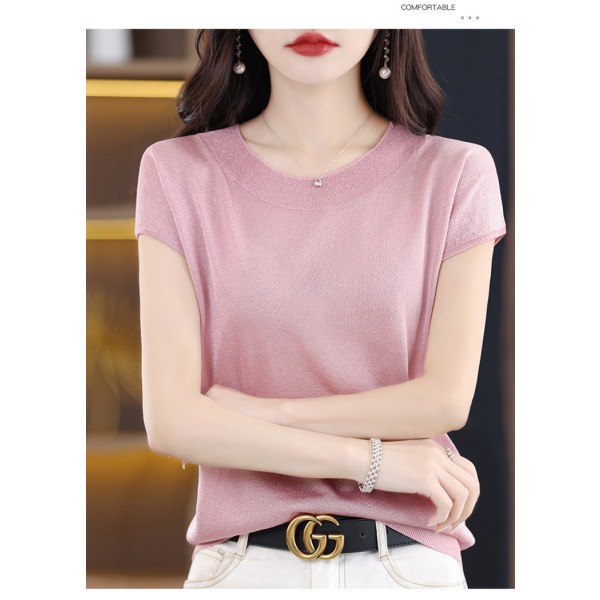 Sommer Ny Casual Kortærmet Dame Rund Hals Strik Sweater Ærme T-shirt Løs Western-stil Lys Silke Elegant Top Pink M