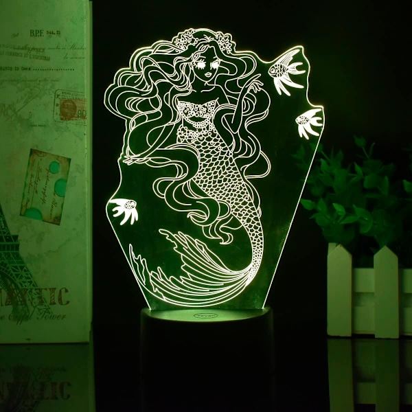 Anime Havfrue Figur 7/16 Farve Fjernbetjening Berøringskontakt Natlys 3D Illusion Lampe til Soveværelses Dekoration USB Lys Julegave (Sort Base)