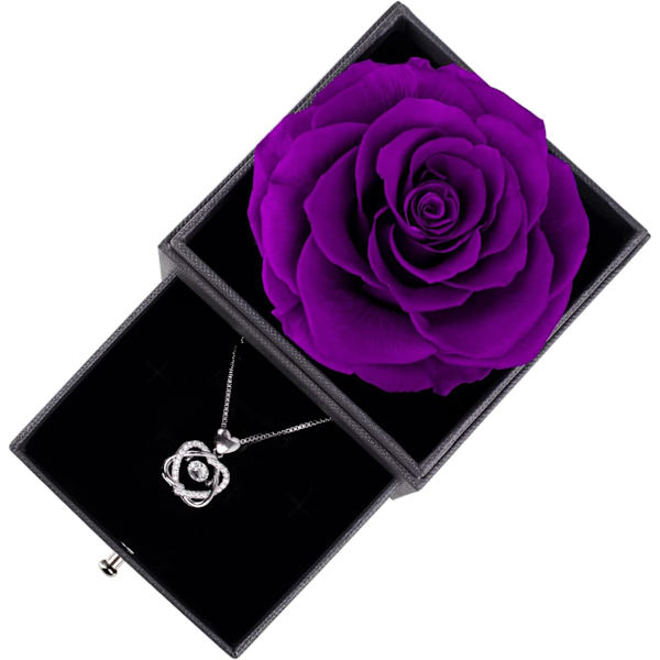 Bevarad ros i presentförpackning med halsband - Bästa present till mors dag, födelsedag, årsdag, jul, alla hjärtans dag, mamma, fru, flickvän (lila)