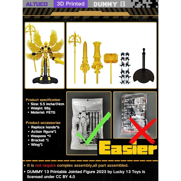 T13 Angel Actionfigur med flere tilbehør, (samling afsluttet) Titan 13 Desktop Dekorativt Legetøj, 3D-Printet Multi-Led Dummy 13 Figur