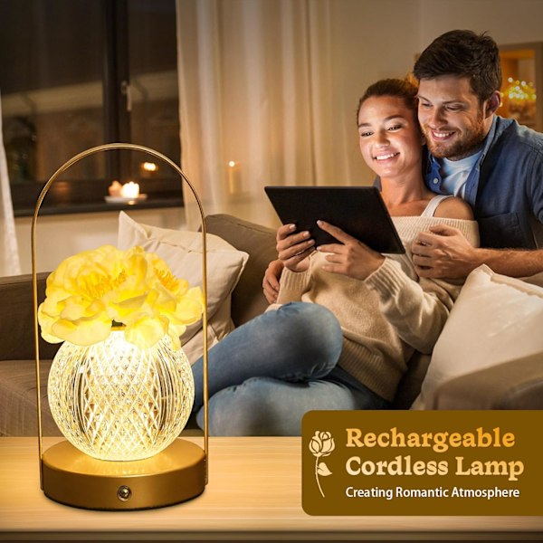 Genopladelig Ledningsfri Bordlampe, Touch Tulip Lampe, Dæmpbar Sød Glas Bordblomst Lampe Lille Lampe Rose Lampe til Soveværelse Stue