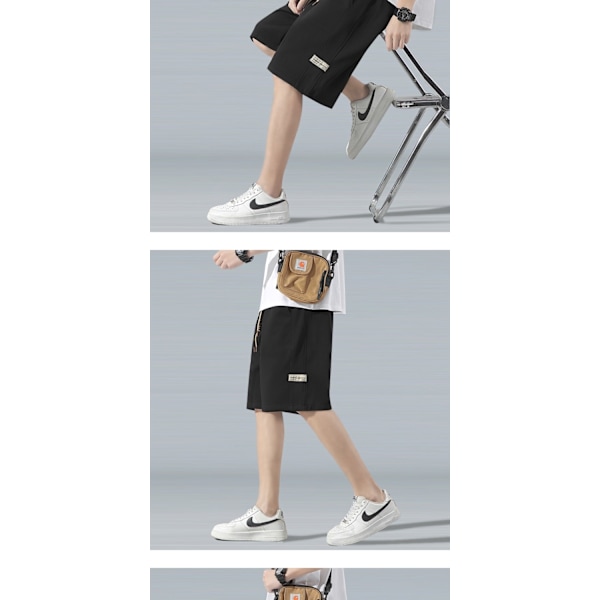 Shorts med snøre til mænd - Sommer, tynde basketballshorts, knælange bukser i høj kvalitet, løse, lige bukser til mænd Black 2XL