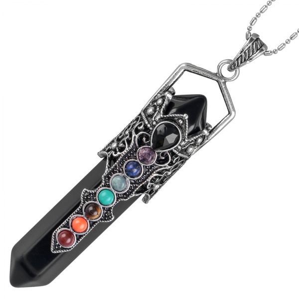 7 Chakra Sten Pärlor Hänge Halsband för Kvinnor Män, Unik Hexagonal Punkt Healing Kristall Pendel för Reiki Spådom
