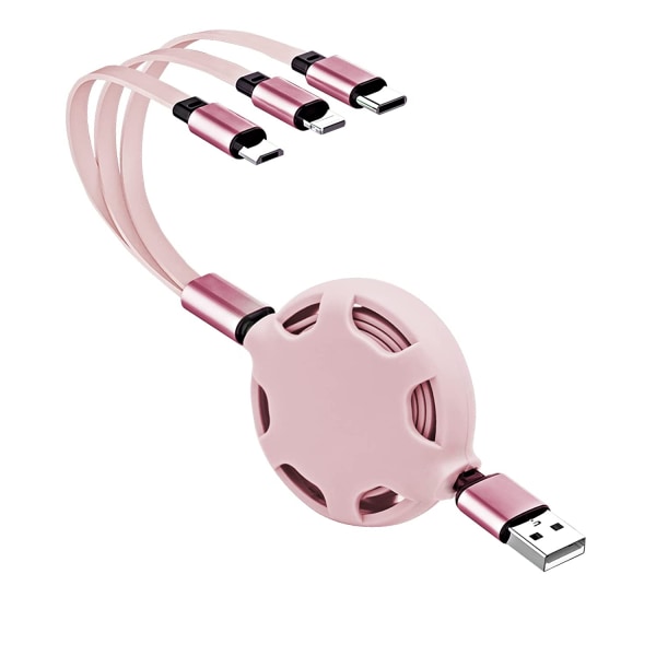 3 i 1 universell hopfällbar USB-laddningskabel, 3,3 fot/1 m, 2A (IP+Type-C+Micro-USB) - Rosa