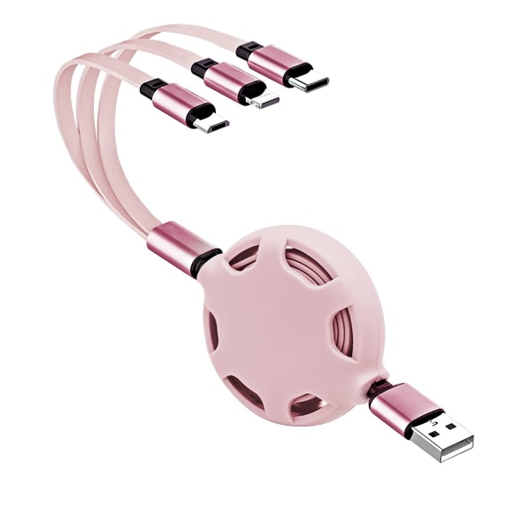 3 in 1 universal sisäänvedettävä USB -latauskaapeli, 3,3 Ft/1M, 2A (IP+C-tyyppi+mikro-USB) - vaaleanpunainen
