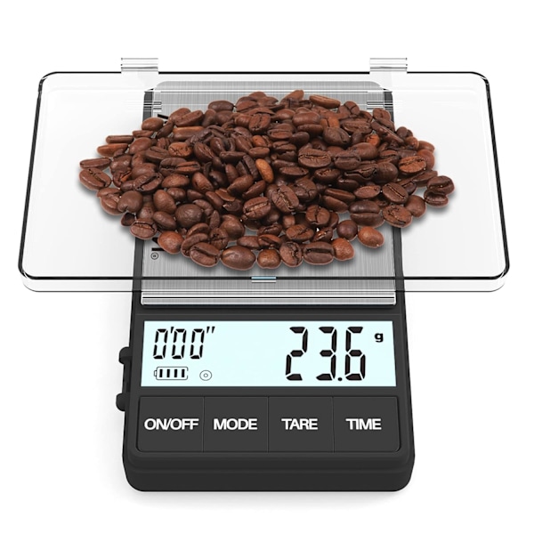 SMEspresso-vekt med timer 1000 g x 0,1 g Liten og tynn reisekaffev vekt, Mini digital vekt gram og unser med stor bakgrunnsbelyst LCD rustfritt stål