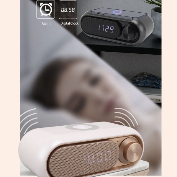 Trådlös laddning Bluetooth högtalare LED Digital väckarklocka FM-radio Bluetooth -högtalare med trådlös laddare Vit Spray Guld 10W