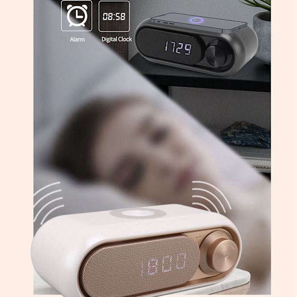 Trådlös laddning Bluetooth-högtalare LED digital väckarklocka FM-radio Bluetooth-högtalare med trådlös laddare vit spray guld 10W