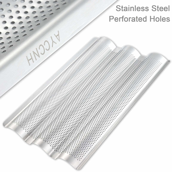 Perforeret fransk baguette-bageplade, 38x25 cm 3-bølget bageplade til ovn, rustfrit stålbageplade, 2-pak 2-Pack