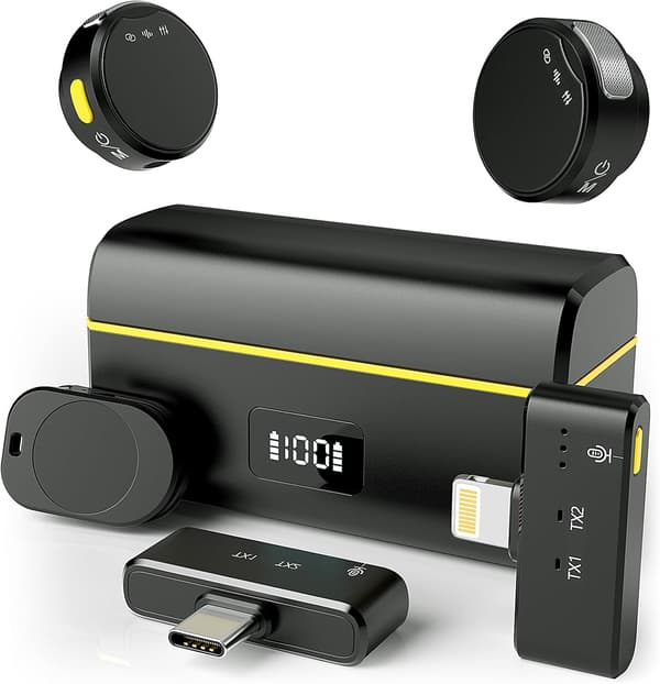Trådløs Lavalier Mikrofon til iPhone/Android med Lightning/USB C (2 TX+2 RX+Opladningsetui), Mini Mikrofon med Støjreduktion Black
