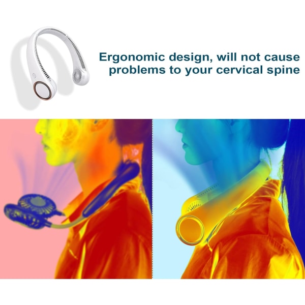Kannettava kaulapuhallin, kädet vapaat lavaton puhallin, viilentävä henkilökohtainen puhallin, 3 nopeuden säätö, ladattava, USB-käyttöinen kaulapuhallin ulko- ja sisätiloihin White