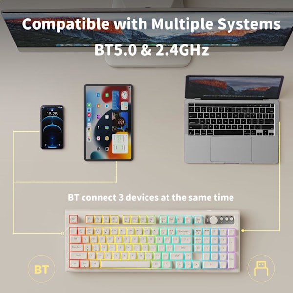V97 Söpö Kermainen Näppäimistö, Bluetooth/2.4GHz Pelikäyttöön Langaton RGB-Taustavalaistuksella, Media-Nappi, Kaareva Runko, Ladattava Hiljainen Tietokoneen Näppäimistö white