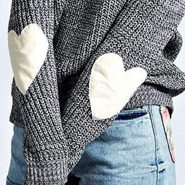 Dam tröja med söt hjärtlapp på armbågen, casual crew neck stickad tröja, mjuk, bekväm och hudvänlig. (Endast handtvätt)
