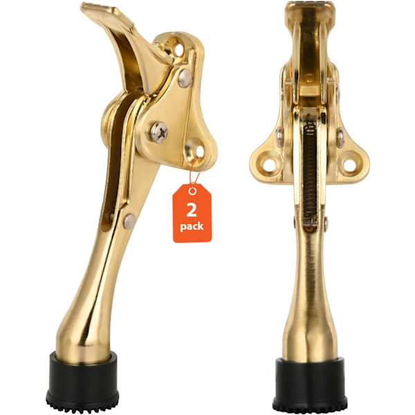 4 tommers kickdown dørstoppere i blank messing, kraftig dørstopper med ett trykk og gummipute for bunnen av døren, sink, 2-pakning Bright Brass*2
