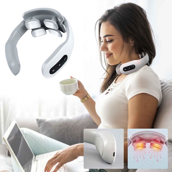 Bärbar elektrisk pulsmassager för nacke med värme, TENS-enhet, 4-huvud lymfmassager för smärtlindring djupvävnad