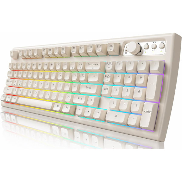 V97 Söpö Kermainen Näppäimistö, Bluetooth/2.4GHz Pelikäyttöön Langaton RGB-Taustavalaistuksella, Media-Nappi, Kaareva Runko, Ladattava Hiljainen Tietokoneen Näppäimistö white