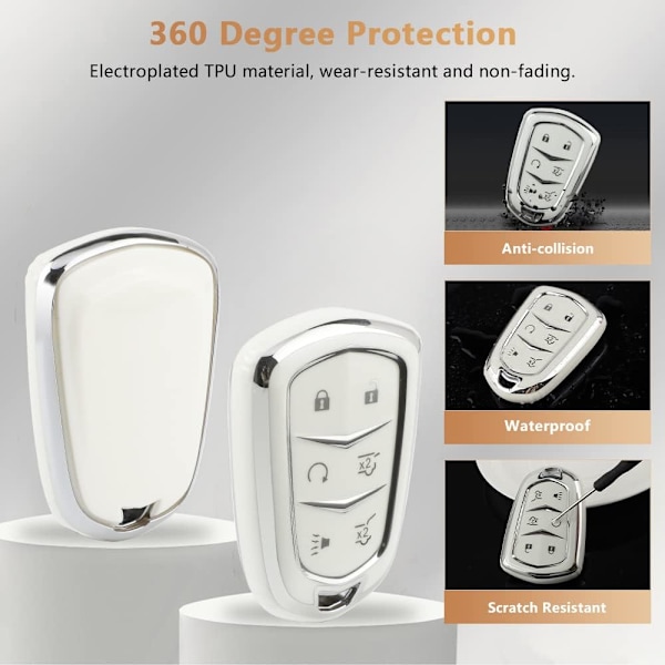 Escalade nøkkelringdeksel for Cadillac 6 knappers Smart Keys Case Proector Tilbehør TPU Myk Bling Nøkkelring Hvit Sølv Jentete Søt for Cadillac
