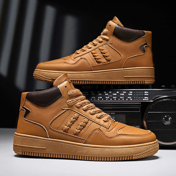 Herr High Top Skor Färgblock PU Läder Ovandel Gummisula Andningsbara Herr Sneaker Skor för Sport Basket Khaki 40