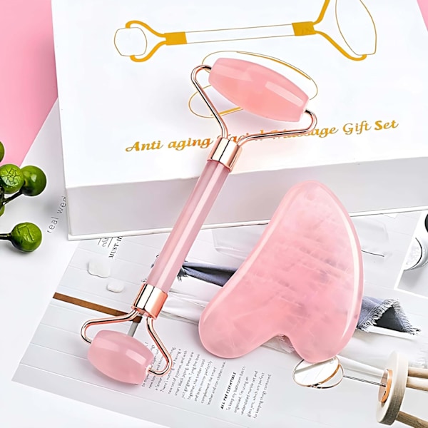 Mors Dags Gaver - Jade Roller Massage Stick & Gua Sha Sæt - 100% Naturlige Sten Ansigtsmassageværktøjer til Lymfedrænage, Anti-P