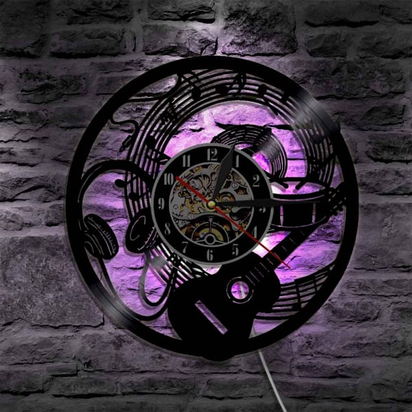 Musikvynil väggklocka - Gitarrhörlurar mönster LED-ljus väggklocka - Vinylklocka - Vardagsrumsväggdekor - Unika presenter till musikälskare