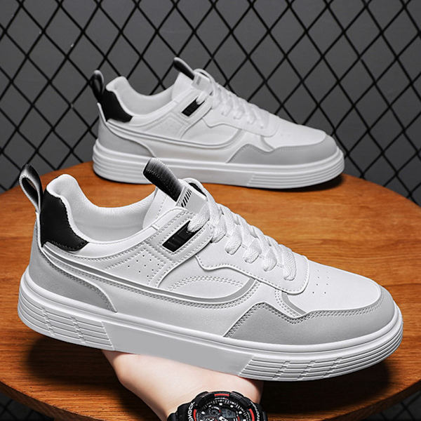 Herr Casual Skor Syntetiskt Läder Sport Flat Skor Andas Våren Sneakers för Utomhus 8866 White Grey 42