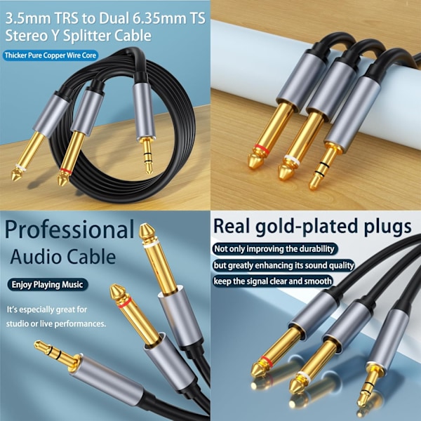 3,5 mm TRS til dobbel 6,35 mm TS-kabel, mono stereo Y-splitter-kabler, hann til hann plugg lydkabel, 1/8\" til 1/4\" lydkabeladapter 6.6Ft/2M