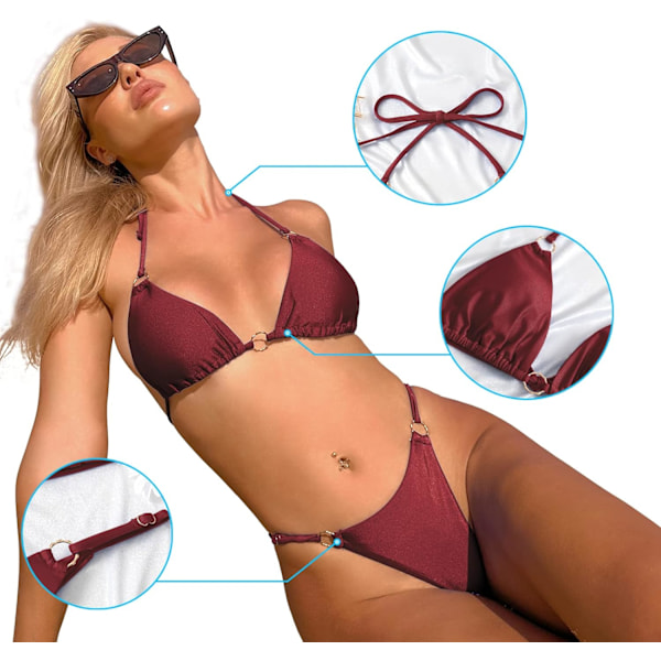 WJSMSexy Bikinier til kvinder 2-delt bikini Spaghetti strop badedragter Ensfarvet badetøj Trekant badedragt Wine Red S