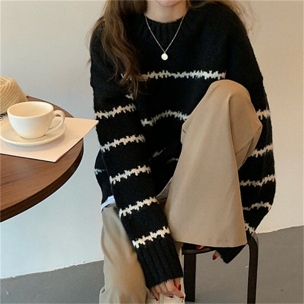 Randig tröja Dam Rund Hals Långärmad Pullover Tröjor Höst Vinter