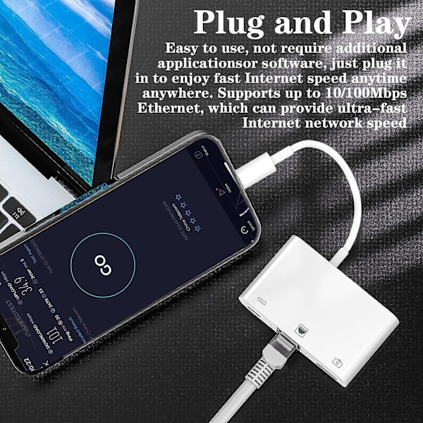 [Apple MFi-certifierad] Lightning till RJ45 Ethernet-adapter, 3-i-1 USB till Lightning-adapter med laddningsport och RJ45 Ethernet-port