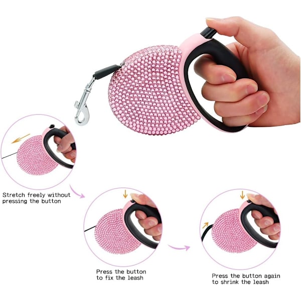 Rhinestone Retractable Hundkoppel Bling 10ft, Kattpromenadkoppel Rosa för Små Ras, Present Avfallspåsar Dispenser Ingår, 360° Trasselfri Medium