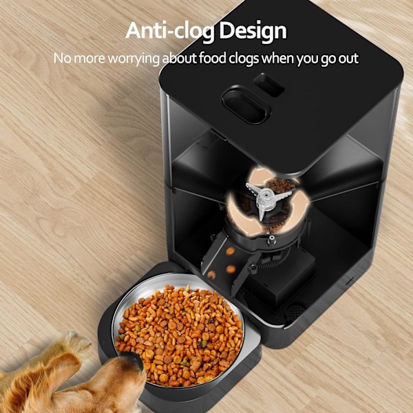 Kattmatautomat med timer, automatisk kattmatare med torkmedelspåse, programmerbar portionskontroll 4 måltider per dag, 10s röstinspelare Black Transparent1 6L