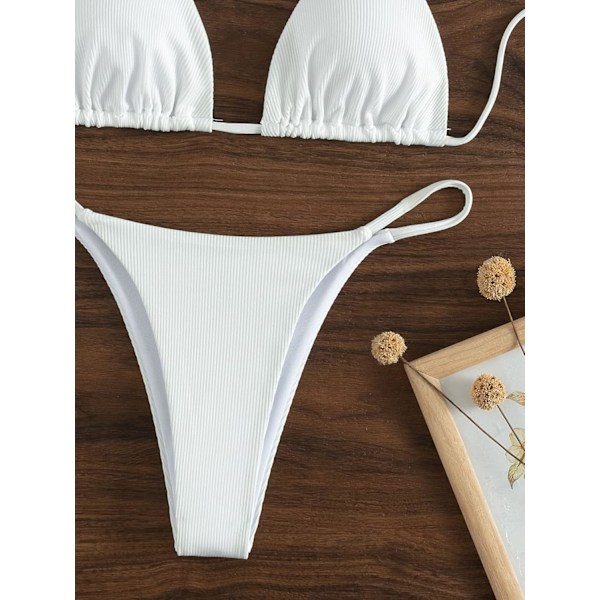 WJSM Dame Halterneck Binde Side Trekant Bikini Sæt Høj Skæring 2 Del Bikini Badetøj Ribbed White L