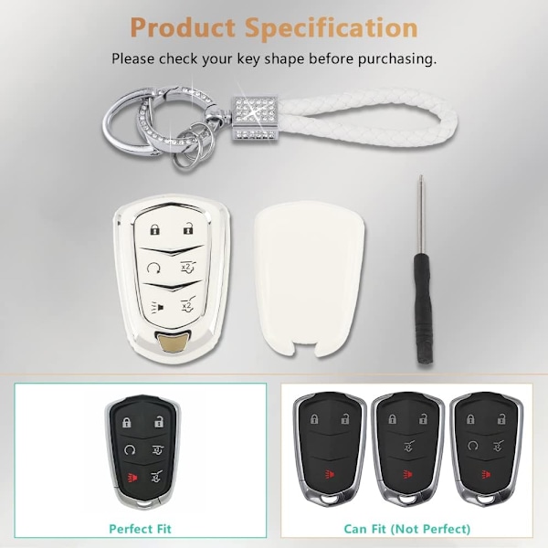 Escalade nøkkelringdeksel for Cadillac 6 knappers Smart Keys Case Proector Tilbehør TPU Myk Bling Nøkkelring Hvit Sølv Jentete Søt for Cadillac