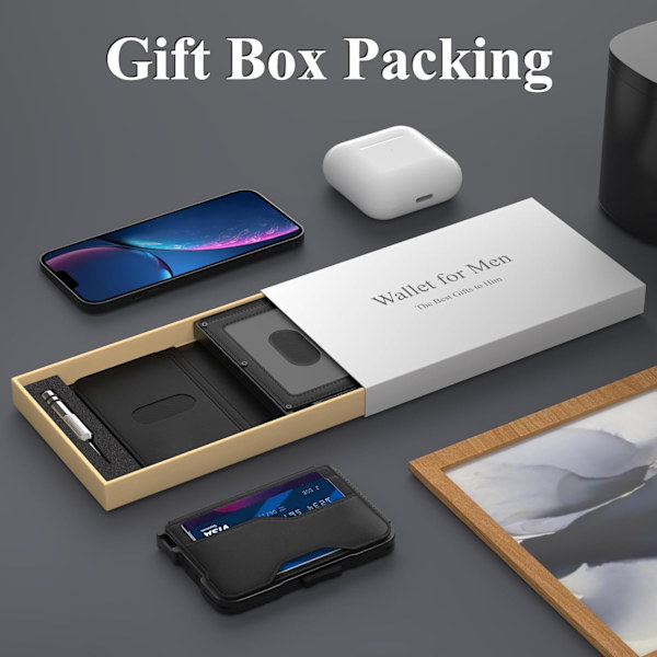 Plånbok för män, tunn plånbok för män med pengaclip, popup-kortfodral, RFID-blockerande plånböcker, minimalistiska läderplatser Kreditkortshållare med Black