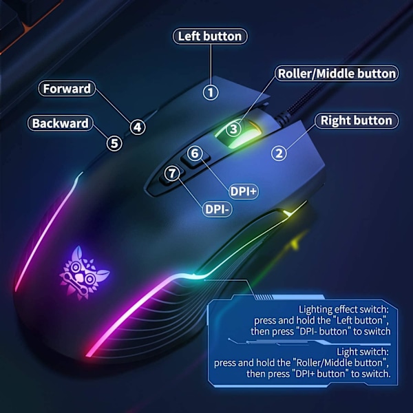 RGB Spillmus Trådløs, USB Optisk Datamus med RGB Bakgrunnsbelysning, 6 Justerbare DPI Opptil 6400, med 7 Programmerbare Knapper Black