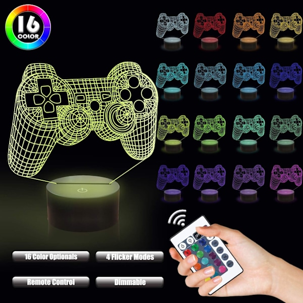 3D Spillkontroll Lampe Spillkonsoll Nattelys 3D Illusjon Lampe for Barn, 16 Farger Skiftende med Fjernkontroll, Spillrom Gamer Gave, Barnerom Innredning