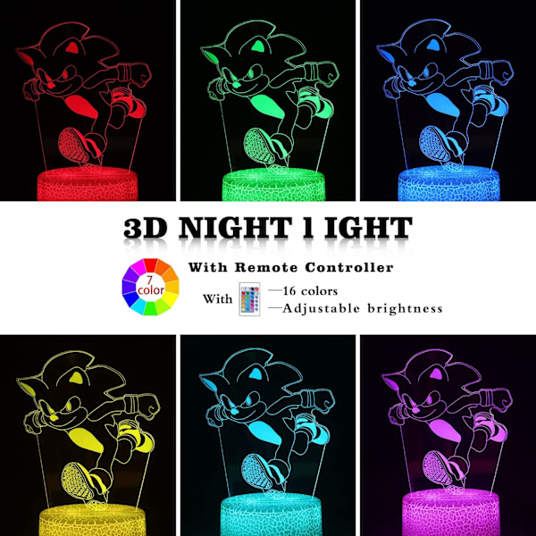 3D Sonic The Hedgehog Animelampa, Fjärrkontroll med 16 Färgväxlande Rum Dekoration Nattlampa Födelsedag Julgåvor för Barn, Pojkar, Flickor
