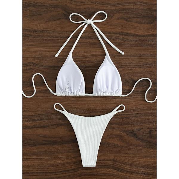 WJSM Dam Halter Tie Side Triangle Bikini Set Hög Skuren 2 Delad Bikini Baddräkt Ribbed White L