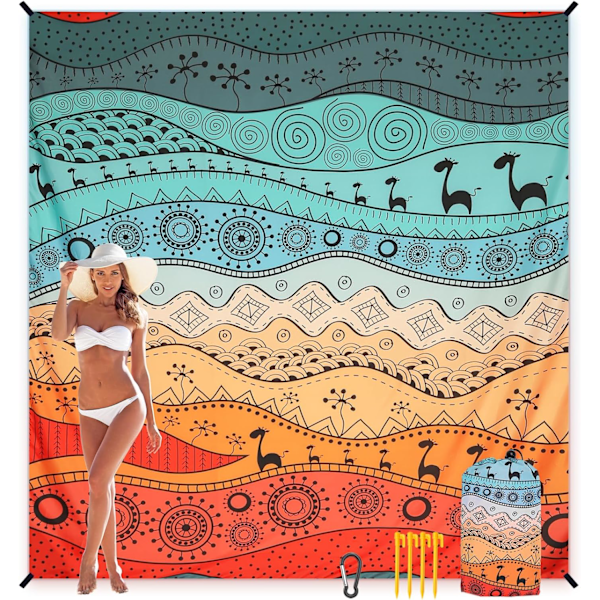 Strandtæppe, sandtæt strandmåtte, vandtæt hurtigtørrende letvægts Aztec picnicmåtte 200 x 210 cm til 2-4 voksne med lomme
