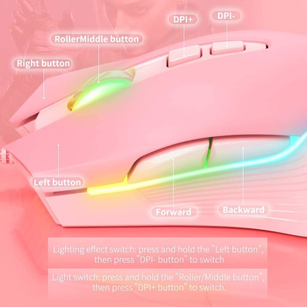 RGB Spelmus Trådbunden, USB Optisk Datormus med RGB Bakgrundsbelysning, 6 Justerbara DPI Upp till 6400, med 7 Programmerbara Knappar Pink