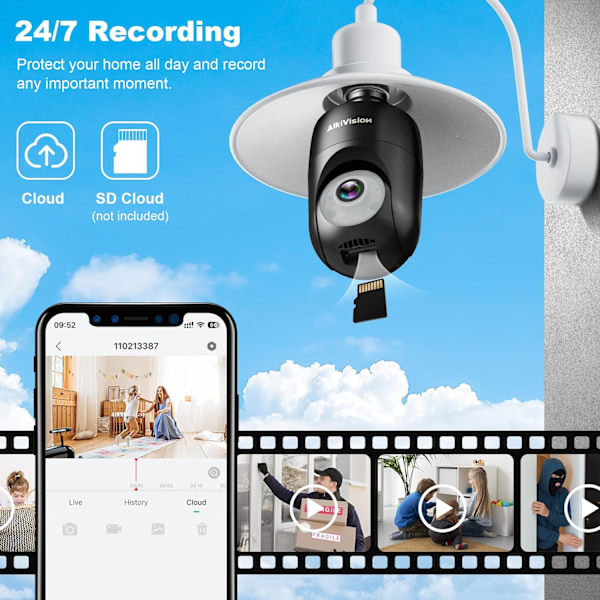 2K lyspære sikkerhedskamera trådløs udendørs - 360° AI bevægelsesdetektering kameraer til hjemmets sikkerhed udenfor, 2,4G Hz, fuldfarve nattesyn, automatisk Black
