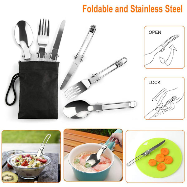 15-delars camping-kokkärlsset, non-stick lättviktsgryta, stekpanna, kittelset med rostfria stålkoppar, tallrikar, gafflar, knivar, skedar för camping, ryggsäck