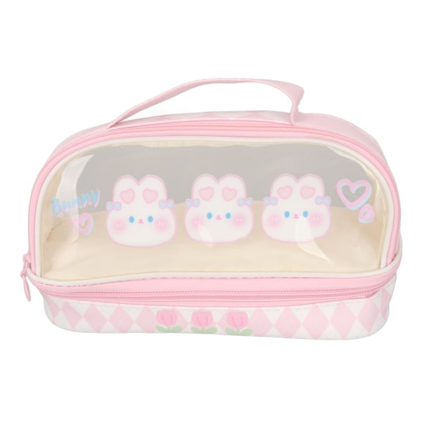 Söt kaninpennväska Kaninmönster Dubbel lager Vattentät Transparent Kawaii Pennfodral Rosa Kosmetisk väska med handtag för barn