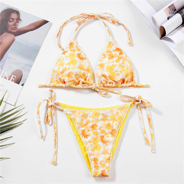 Bikinis Badkläder Set för Kvinnor Badkläder Triangel Baddräkt Tie String Trosa Yellow L